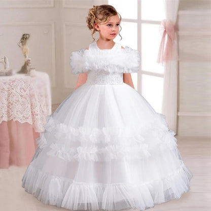 Elegant Flower Bridesmaid Girls Dress Gala Bow ,Wedding Party ,Princess Evening Dress for Girls Birthday  Host Graduation Prom Gown