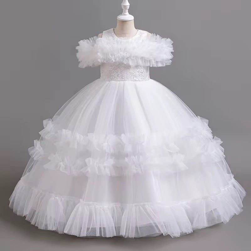 Elegant Flower Bridesmaid Girls Dress Gala Bow ,Wedding Party ,Princess Evening Dress for Girls Birthday  Host Graduation Prom Gown