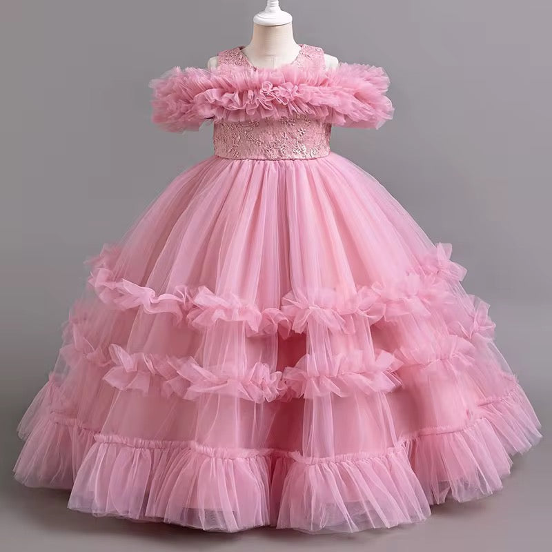 Elegant Flower Bridesmaid Girls Dress Gala Bow ,Wedding Party ,Princess Evening Dress for Girls Birthday  Host Graduation Prom Gown