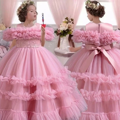 Elegant Flower Bridesmaid Girls Dress Gala Bow ,Wedding Party ,Princess Evening Dress for Girls Birthday  Host Graduation Prom Gown
