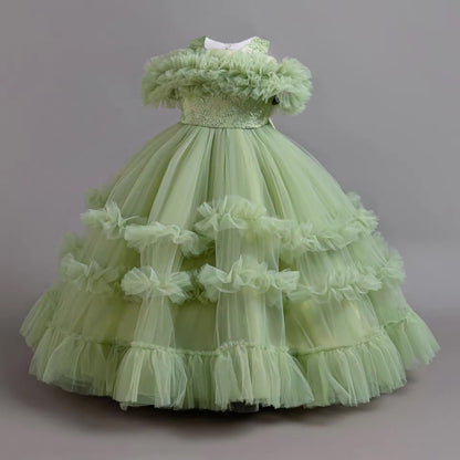 Elegant Flower Bridesmaid Girls Dress Gala Bow ,Wedding Party ,Princess Evening Dress for Girls Birthday  Host Graduation Prom Gown