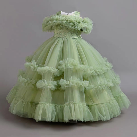 Elegant Flower Bridesmaid Girls Dress Gala Bow ,Wedding Party ,Princess Evening Dress for Girls Birthday  Host Graduation Prom Gown