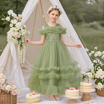 Elegant Flower Bridesmaid Girls Dress Gala Bow ,Wedding Party ,Princess Evening Dress for Girls Birthday  Host Graduation Prom Gown