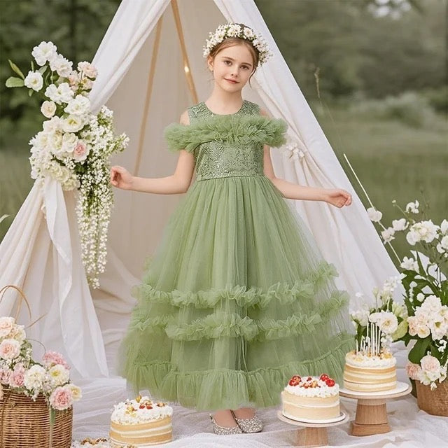 Elegant Flower Bridesmaid Girls Dress Gala Bow ,Wedding Party ,Princess Evening Dress for Girls Birthday  Host Graduation Prom Gown
